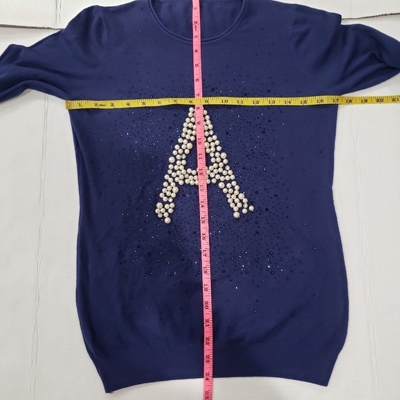 Blue Long Sleeve Faux Pearls Embellished Letter A Pullover Sweatshirt - Picture 6 of 11